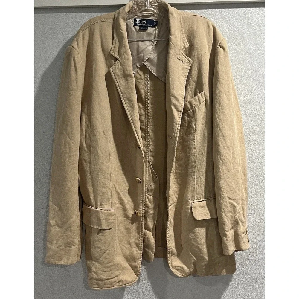 Polo Ralph Lauren Vintage 100% Linen Unstructured Blazer Jacket Sz L 42R Tan EUC